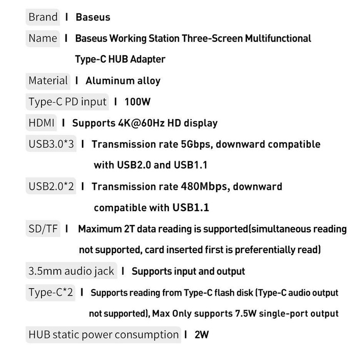 Baseus wielofunkcyjny HUB 3x USB 3.2 Gen 1 / 2x USB 2.0 / 2x USB Typ C / czytnik kart SD i micro SD / AUX / 3x HDMI / RJ45 1Gbps Power Delivery 100W (wtyczki EU / CN / UK) szary (CAHUB-DG0G)