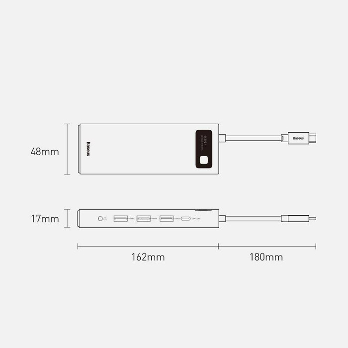 Baseus Metal Gleam 11w1 wielofunkcyjny HUB USB Typ C - 3x USB 3.2 Gen 1 5Gbps / USB Typ C PD 100W / 3,5 mm mini jack AUX / VGA Full HD 60Hz / 2x HDMI 4K 30Hz / czytnik kart TF i SD / RJ45 1Gbps szary (CAHUB-CT0G)