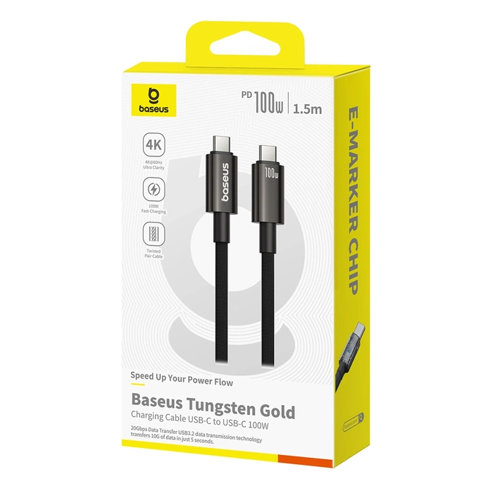 Kabel Baseus Tungsten Gold USB-C 3.2 / USB-C 3.2 100W 4K 60Hz 1.5m - czarny