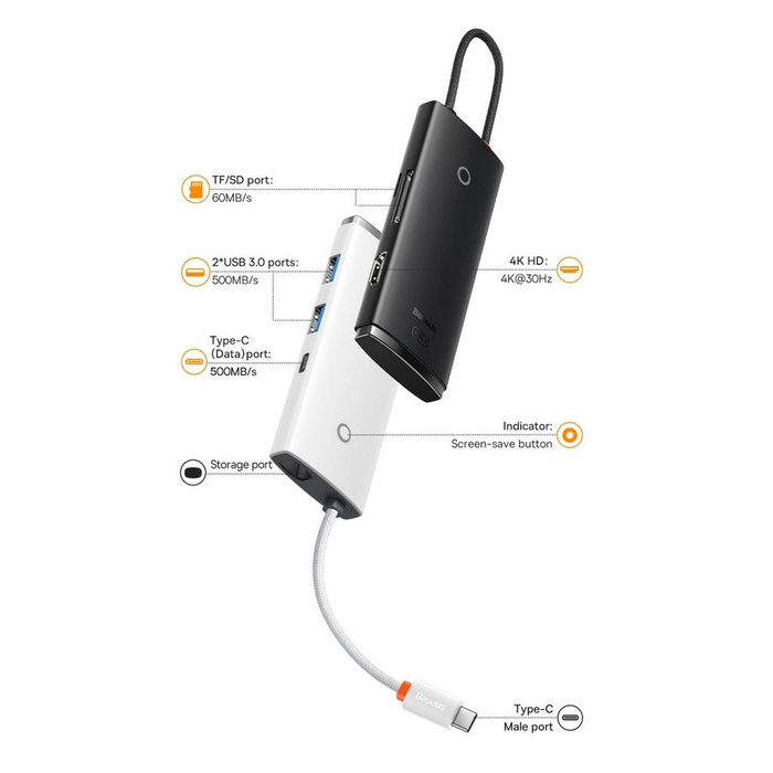 Baseus Lite Series wielofunkcyjny HUB USB Typ C - 2 x USB 3.0 / USB Typ C / HDMI 1,4 / SD/TF czarny (WKQX050001)