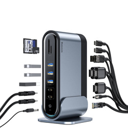 Baseus wielofunkcyjny HUB 3x USB 3.2 Gen 1 / 2x USB 2.0 / 2x USB Typ C / czytnik kart SD i micro SD / AUX / 3x HDMI / RJ45 1Gbps Power Delivery 100W (wtyczki EU / CN / UK) szary (CAHUB-DG0G)