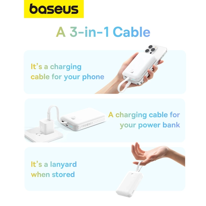 Powerbank Baseus Magnetic Mini MagSafe 10000mAh 20W z wbudowanym kablem Lightning - biały + kabel Baseus Simple Series USB-C - USB-C 60W 0.3m