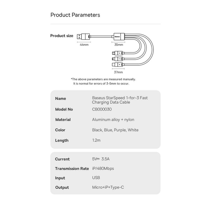 Baseus StarSpeed kabel 3w1 USB-A - Micro-USB / Lightning / USB-C 3.5A 1.2m fioletowy