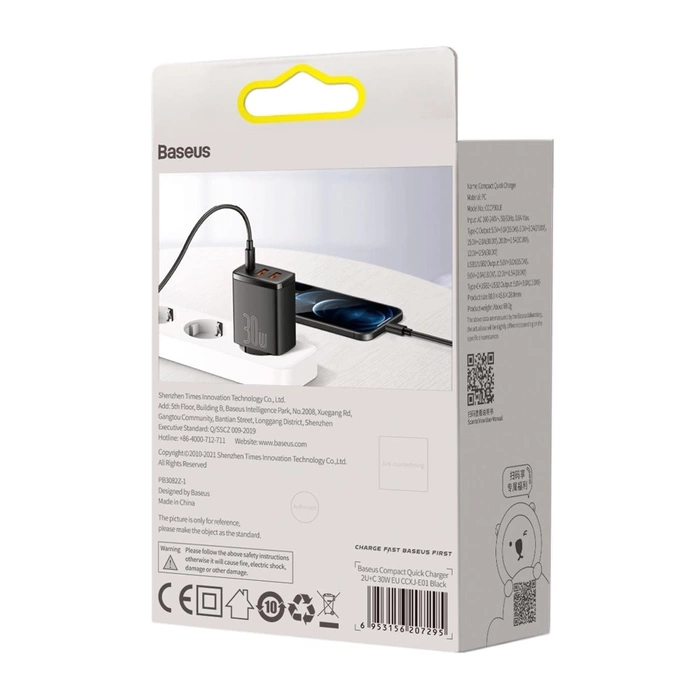 Baseus Compact szybka ładowarka sieciowa 2x USB / USB Typ C 30W 3A Power Delivery Quick Charge czarny (CCXJ-E01)