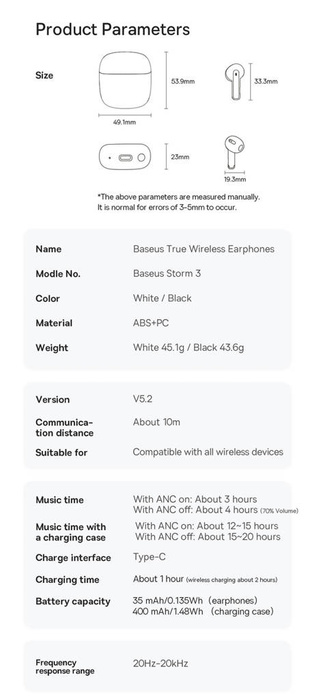 Baseus Storm 3 bezprzewodowe słuchawki bluetooth 5.2 TWS z ANC czarny (NGTW140101)