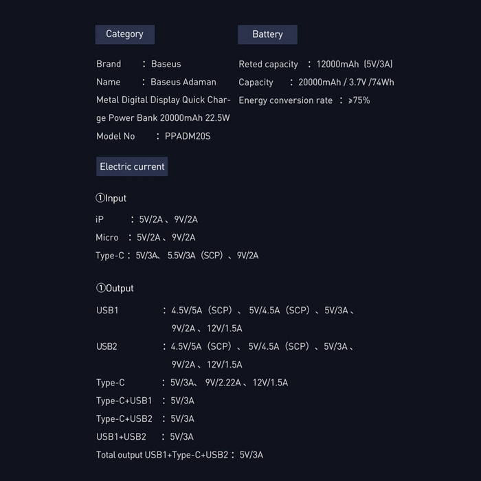 Baseus Adaman powerbank z szybkim ładowaniem 20000mAh 22.5W + kabel USB C 3A 0.3m czarny