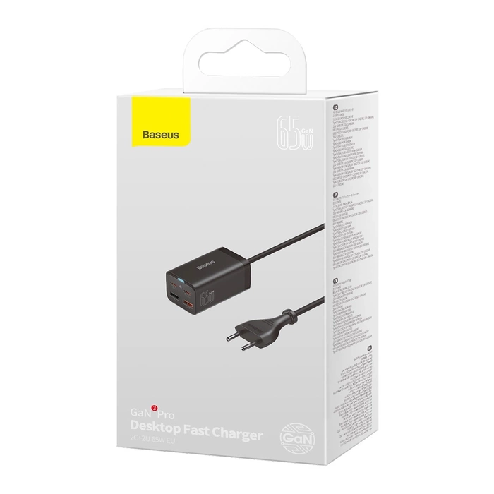 Baseus GaN3 Pro szybka ładowarka sieciowa GaN 2 x USB Typ C / 2 x USB 65W PD, QC4.0+, AFC + kabel USB Typ C - USB Typ C 1m czarny (CCGP040101)