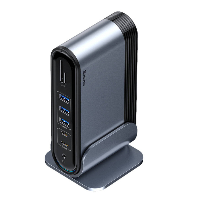 Baseus wielofunkcyjny HUB 3x USB 3.2 Gen 1 / 2x USB 2.0 / 2x USB Typ C / czytnik kart SD i micro SD / AUX / 3x HDMI / RJ45 1Gbps Power Delivery 100W (wtyczki EU / CN / UK) szary (CAHUB-DG0G)