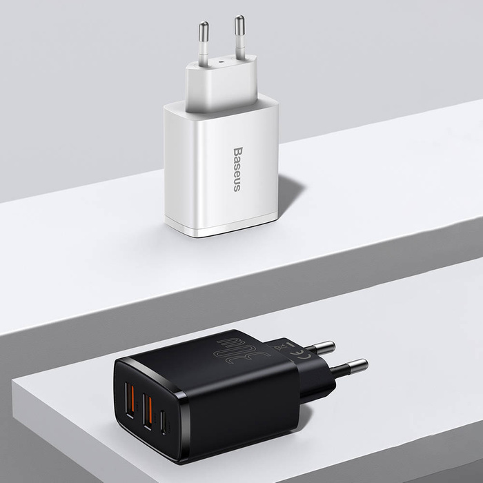 Baseus Compact szybka ładowarka sieciowa 2x USB / USB Typ C 30W 3A Power Delivery Quick Charge czarny (CCXJ-E01)