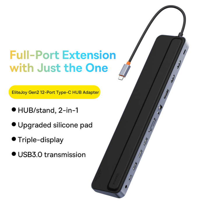 Baseus EliteJoy Gen2 uniwersalny HUB USB 12w1 z kablem USB-C 25cm podstawka pod notebook USB-A / USB-C / DP / HDMI / SD / TF / RJ45 / 3,5mm jack / PD 100W szary (WKSX030213)