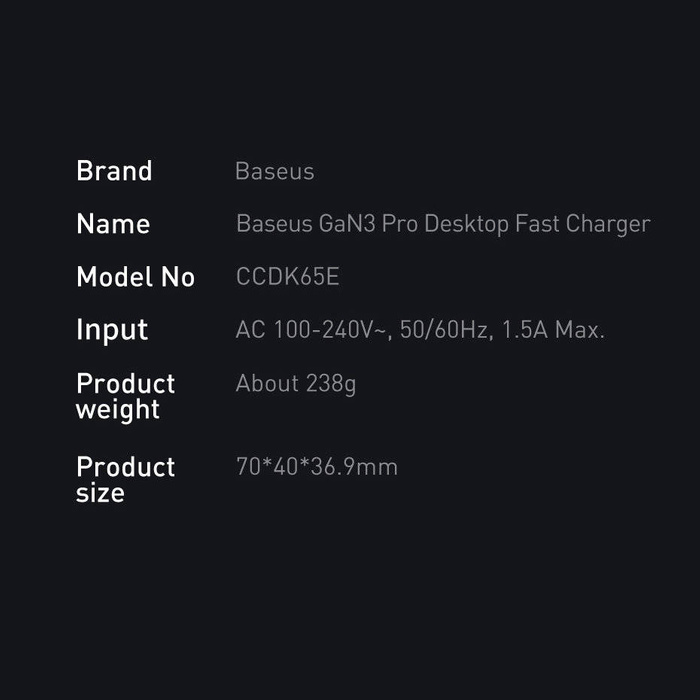 Baseus GaN3 Pro szybka ładowarka sieciowa GaN 2 x USB Typ C / 2 x USB 65W PD, QC4.0+, AFC + kabel USB Typ C - USB Typ C 1m czarny (CCGP040101)