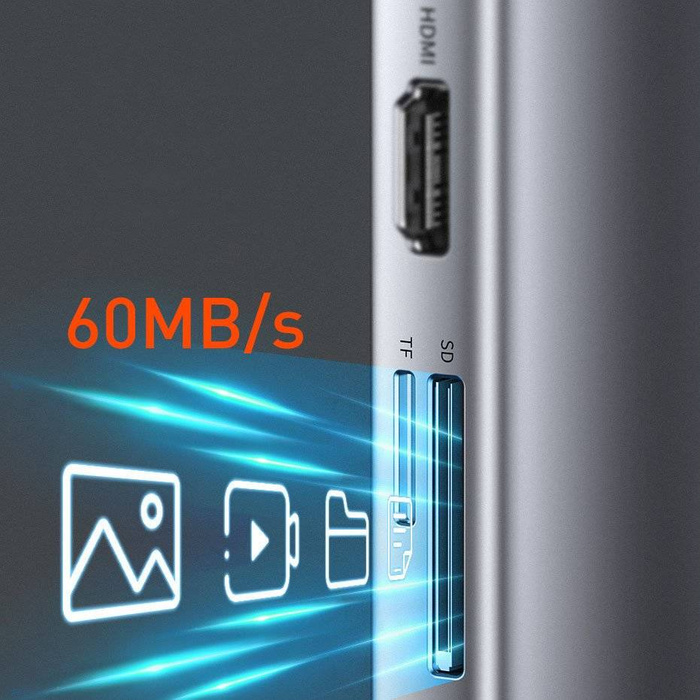 Baseus Metal Gleam 11w1 wielofunkcyjny HUB USB Typ C - 3x USB 3.2 Gen 1 5Gbps / USB Typ C PD 100W / 3,5 mm mini jack AUX / VGA Full HD 60Hz / 2x HDMI 4K 30Hz / czytnik kart TF i SD / RJ45 1Gbps szary (CAHUB-CT0G)