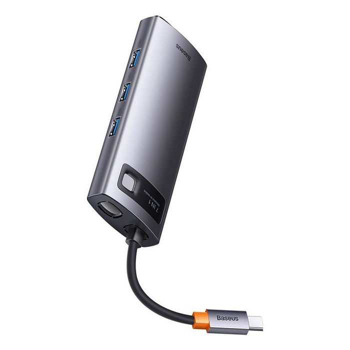 Baseus Metal Gleam Series stacja dokująca HUB 7 w 1 USB Typ C - 1 x HDMI / 1 x VGA / 3 x USB 3.2 Gen. 1 / 1 x Power Delivery / 1 x RJ-45 Ethernet szary (WKWG040013)