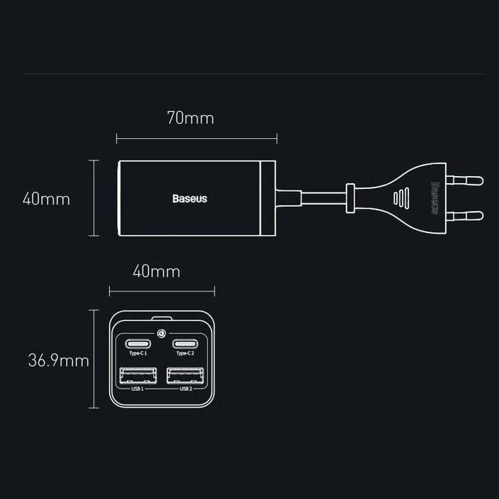 Baseus GaN3 Pro szybka ładowarka sieciowa GaN 2 x USB Typ C / 2 x USB 65W PD, QC4.0+, AFC + kabel USB Typ C - USB Typ C 1m czarny (CCGP040101)