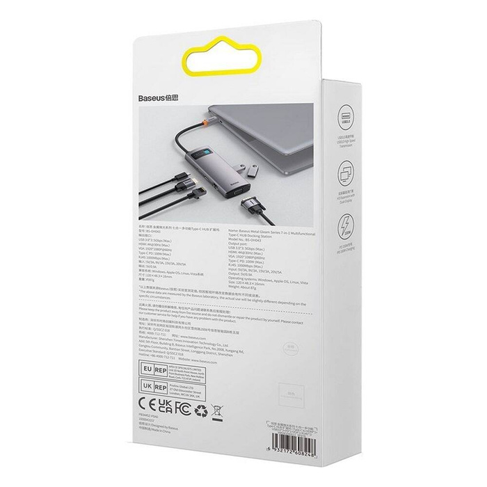 Baseus Metal Gleam Series stacja dokująca HUB 7 w 1 USB Typ C - 1 x HDMI / 1 x VGA / 3 x USB 3.2 Gen. 1 / 1 x Power Delivery / 1 x RJ-45 Ethernet szary (WKWG040013)