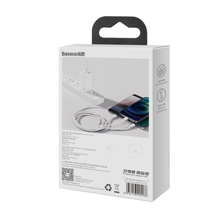 [PO ZWROCIE] Baseus Superior 3w1 kabel USB - Lightning / USB Typ C / micro USB 3,5 A 1,5 m Biały (CAMLTYS-02)