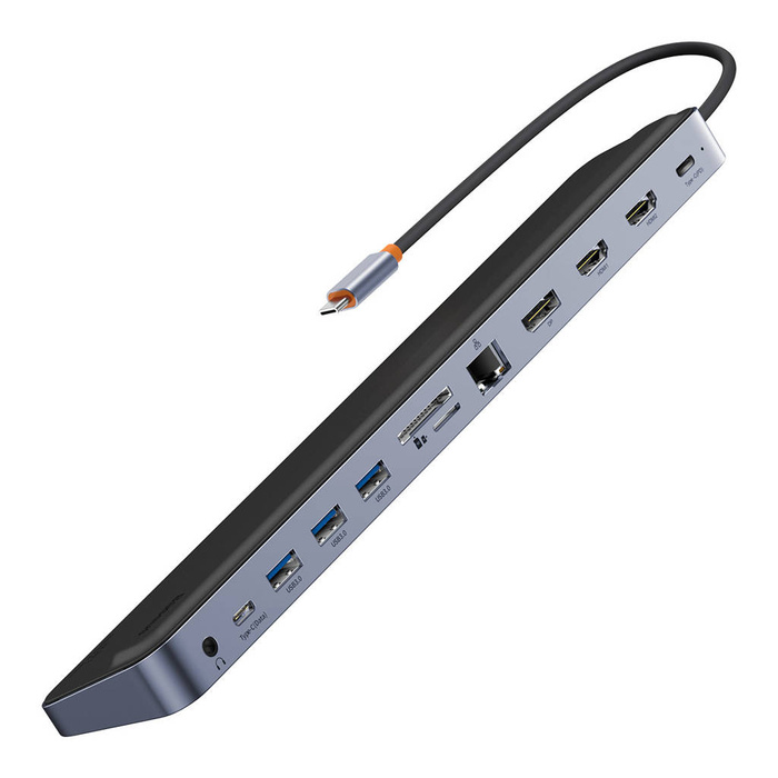 Baseus EliteJoy Gen2 uniwersalny HUB USB 12w1 z kablem USB-C 25cm podstawka pod notebook USB-A / USB-C / DP / HDMI / SD / TF / RJ45 / 3,5mm jack / PD 100W szary (WKSX030213)