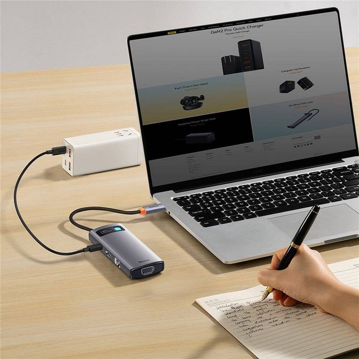 Baseus Metal Gleam Series stacja dokująca HUB 7 w 1 USB Typ C - 1 x HDMI / 1 x VGA / 3 x USB 3.2 Gen. 1 / 1 x Power Delivery / 1 x RJ-45 Ethernet szary (WKWG040013)