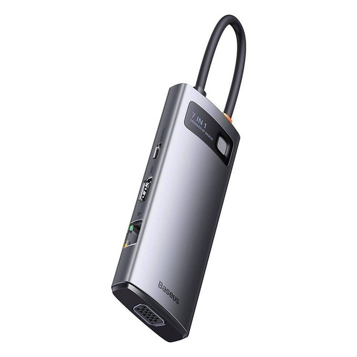 Baseus Metal Gleam Series stacja dokująca HUB 7 w 1 USB Typ C - 1 x HDMI / 1 x VGA / 3 x USB 3.2 Gen. 1 / 1 x Power Delivery / 1 x RJ-45 Ethernet szary (WKWG040013)