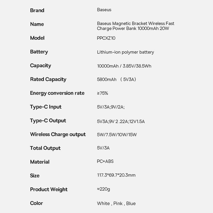 Baseus Magnetic Bracket powerbank z bezprzewodowym ładowaniem MagSafe 10000mAh 20W Overseas Edition różowy (PPCX000204) + kabel USB Typ C Baseus Xiaobai Series 60W 0,5m