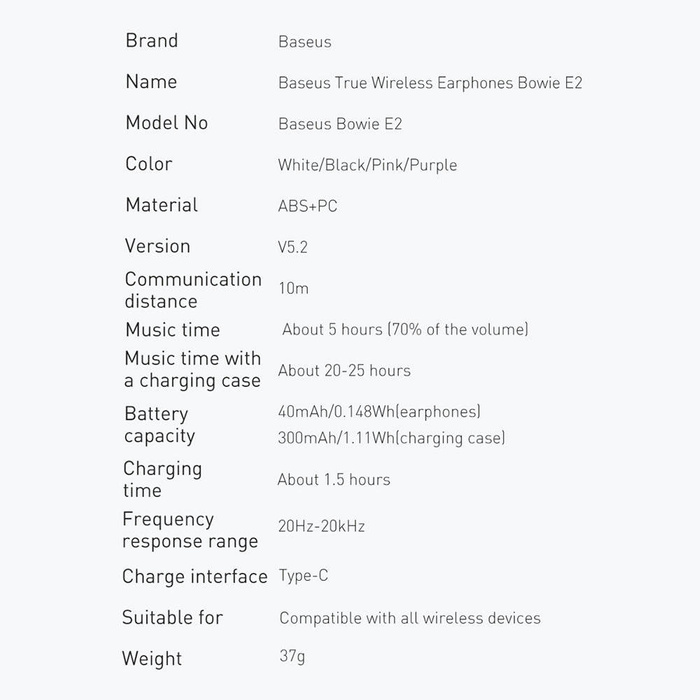 Baseus Bowie E2 bezprzewodowe słuchawki TWS Bluetooth 5.2 wodoodporne IP55 biały (NGTW090002)