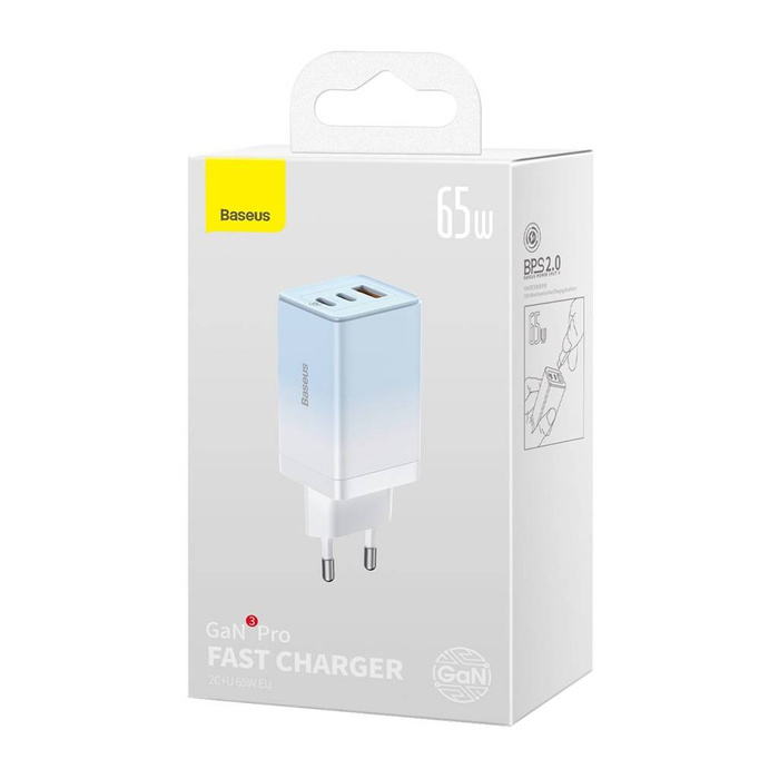 [PO ZWROCIE] Baseus szybka ładowarka sieciowa GaN 2 x USB Typ C / USB 65W QC PD niebieski (CCGP050103) + kabel szybkiego ładowania USB Typ C 100W 1m niebieski