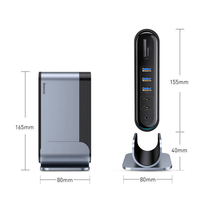 Baseus wielofunkcyjny HUB 3x USB 3.2 Gen 1 / 2x USB 2.0 / 2x USB Typ C / czytnik kart SD i micro SD / AUX / 3x HDMI / RJ45 1Gbps Power Delivery 100W (wtyczki EU / CN / UK) szary (CAHUB-DG0G)