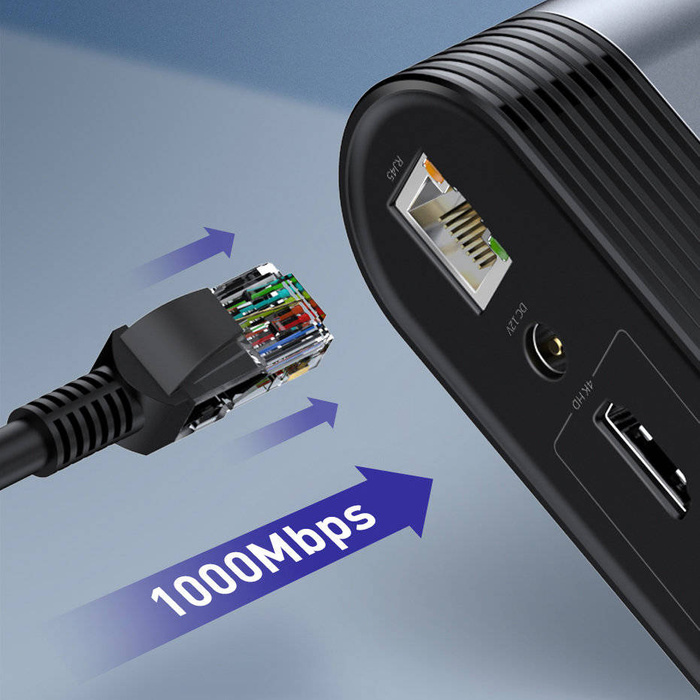 Baseus wielofunkcyjny HUB 3x USB 3.2 Gen 1 / 2x USB 2.0 / 2x USB Typ C / czytnik kart SD i micro SD / AUX / 3x HDMI / RJ45 1Gbps Power Delivery 100W (wtyczki EU / CN / UK) szary (CAHUB-DG0G)